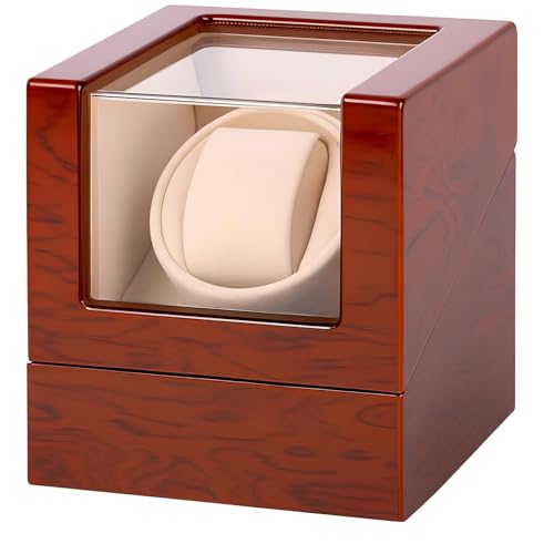 Arachvia Automatic Single Watch Winder Box for Rolex and Other Watches, Wooden Watch Case with Luxury Mahogany Tone Piano Finish, Ultra Quiet Japanese Motor, Premium Watch Box for Men and Women
