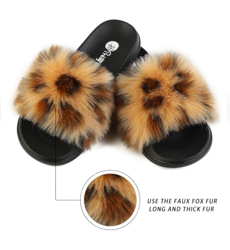 Image of Women's Faux Fur Slides, Open Toe Cute Fur Slippers, Indoor or Outdoor Comfortable Furry Slide Sandals With Fluffy Fur