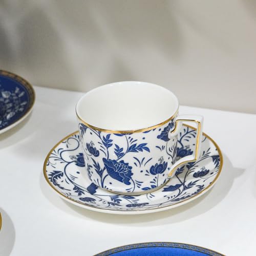 ACMLIFE Bone China Tea Cups and Saucers Set of 4, 6.8 oz Blue and White Tea Cups Set of 4, with Gold Trim and Gift Box (Blue-4) by ACMLIFE - Image 4