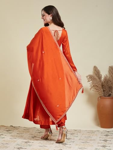 Image of MOKOSH Women's Silk Embroidery Anakrali Kurta Pant with Dupatta | Anarkali Kurta Set | Round Neck Full Sleeve Ethnic Suit | Floral Kurta 7 Colour Option Available | 3 Piece Outfit