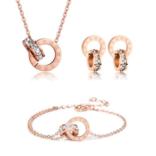 Gkaopi Parure Ensemble de Bijoux Femme Chiffres Romains Cercle Zircon Cubique Pendentif Acier Inoxydable Plaqué Or 18K Argent Réglable Boucles d'oreilles...