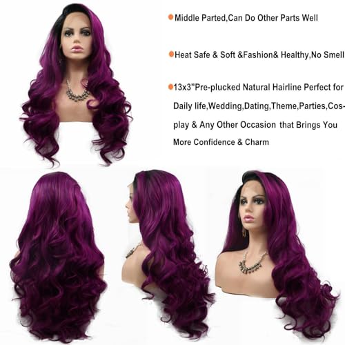 Perruque 1B noire ombrée violette synthétique 61 cm longue ondulée - 7
