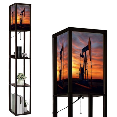 BVCAHSAW Floor Lamp with Shelves Oil Pump rig Oil Gas Oilfield site Pump are Running Standing Tall Lamp USB Ports & Power Outlet Modern Corner Lamp Nightstand Light for Living Room Bedroom