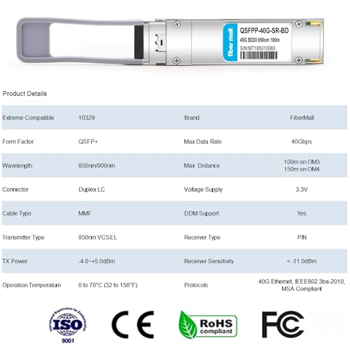 Image of 40GBASE-SR Bi-Directional Transceiver Module,Compatible with Extreme 10329,QSFP+ 40G BiDi MMF 850nm /900nm 100m / 150m Duplex LC
