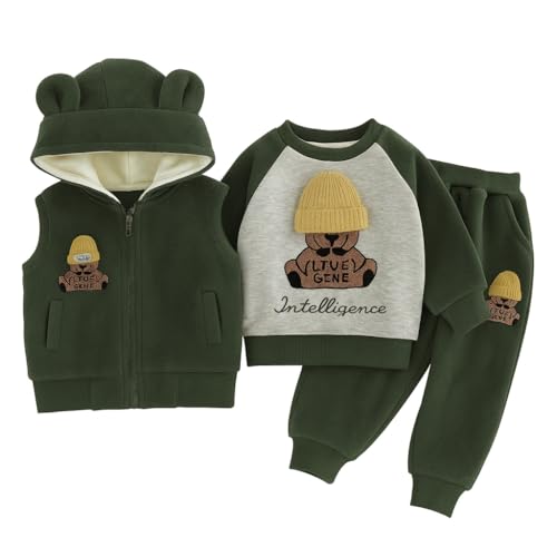 Image of Bold N Elegant Cotton Blend Cute Cartoon Bear Graphics Winter Warm Sweatshirt Hood Jacket And Jogger Pant 3 Pc Layering Clothing Set For Infant Toddler Kids