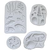 AFINSEA 4PCS Marine Theme Fondant Silicone Mold Seaweed Sea Fish Crab Coral Conch Sea Shells Shape DIY Handmade Baking Tools, For Theme Cake Cookie Chocolate Candy Decoration Fondant Polymer Clay