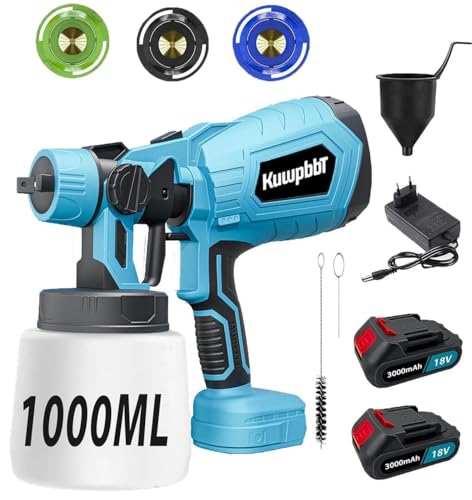 500W Akku Spritzsystem, Ersatz für Makita 18V, HVLP-Spritzer und 3 Düsen, Spritzpistole 1000 ml Kraftstofftank hohe Leistung, Spritzer optimaler Spritzabstand 30-40 cm ，für Wand Decke (2X3.0Ah Akku) ﻿