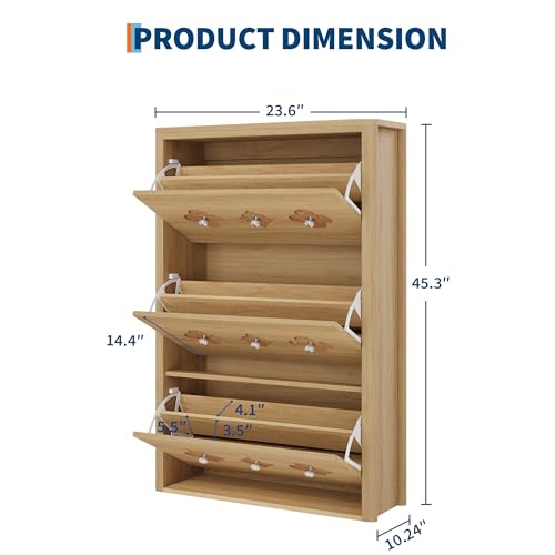Image of GarveeHome Shoe Storage Cabinet with 3 Flip Drawers, Narrow Wood Shoe Organizer Cabinet with Floral Pattern, Freestanding Slim Shoe Rack Cabinet with Adjustable Shelves, for Entryway, Hallway, Natural | Floral Pattern, Shoe Cabinet for Entryway, Hallway, Living Room, Narrow Wooden Shoe Cabinet with Adjustable Shelves