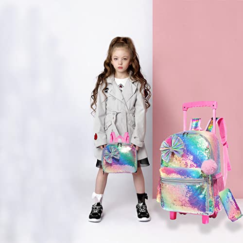 Egchescebo Kids Rolling Travel Toddler Duffle Bag Bow Tie Backpack For Girls Carry On Luggage Roller Computer Suitcase With Pencil Case And Lunch Box Wheels Wheeled Sequins Backpacks Gradient Pink #TOP6