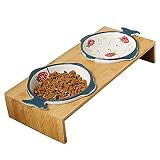 Elevated Bamboo Pet Table with Ceramic Bowls Raised/Anti-Slip Tilted Station Cats/Dogs Food/Drink Wa