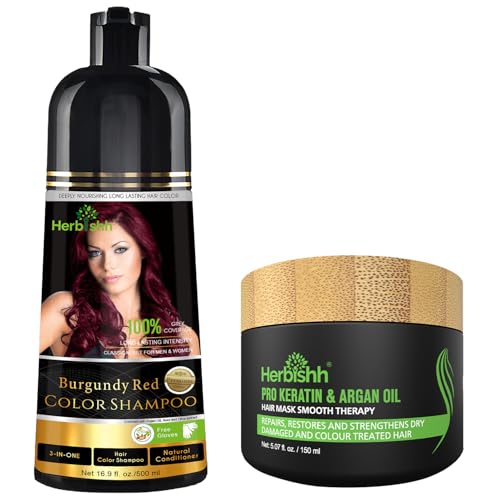 Herbishh Haarfarbe Shampoo für graues Haar 500ml + Argan-Haarmaske für trockenes oder geschädigtes Haar | Haarfarbe | Abdeckung graues Haar für Damen und Herren (Burgundy)