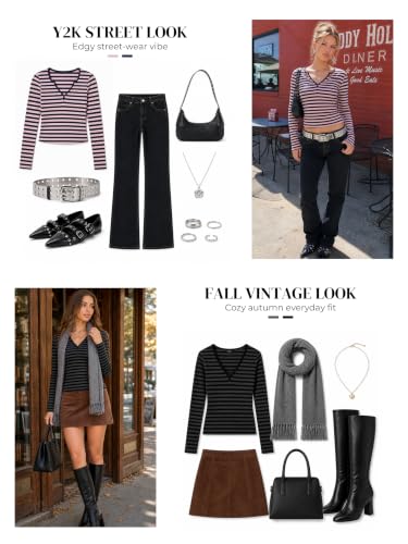 Image of Women Off Shoulder Striped Long Sleeve Top 2026 Fall Going Out Tee Shirts