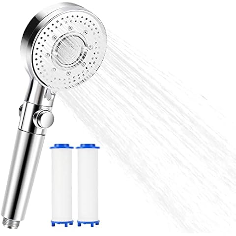 Shower Head with Filters for Hard Water Area, High Pressure Water Saving Easy-Cleaning Silicone Nozzles with 3 Spray Modes, 2 Spare Filters Cover
