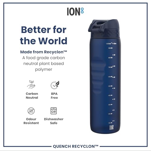 Ion8 1 Litre Water Bottle, Leak Proof, Flip Lid, Carry Handle, Rapid Hydration, Dishwasher Safe, Bpa Free, Contoured Grip, Ideal For Travel, Gym & Activity, Carbon Neutral Recyclon, 32 Oz, Navy Blue - 5