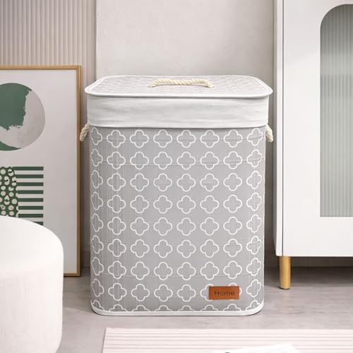 Image of Amazon Brand - Umi Rectangle Bamboo Laundry Basket for Clothes with Lid Quatrefoil Printed Hamper | Eco-Friendly, Foldable & Lightweight Organizer (Cream, 40x30x50 cm, Pack of 1)
