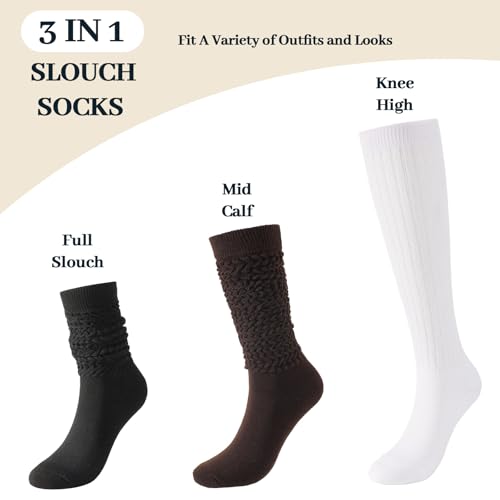 Image of Pleneal 3 Pairs Slouch Socks for Women Long Slouchy Scrunch Socks, Knit Chunky Boot Sock,Black&White&Coffee