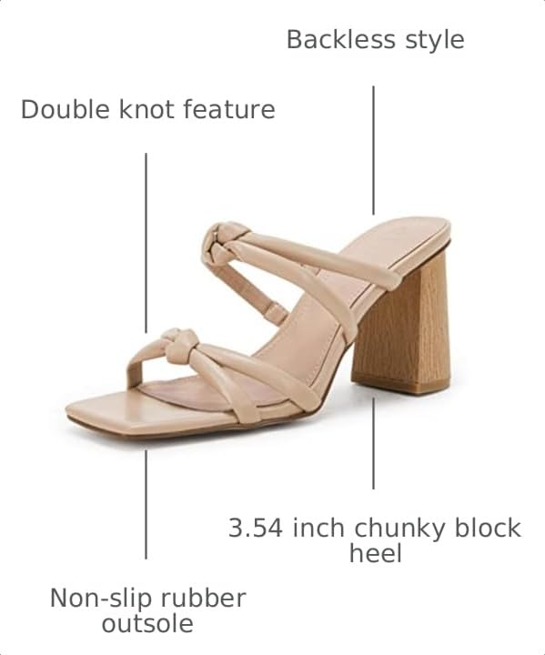 Image of LAICIGO Womens Chunky Block Heels Sandals Square Open Toe Slip on Slides | 3.5In-High Heeled Sandals, Double Knot Strap, Summer Dress Shoes, Work Casual, Vacation, Party