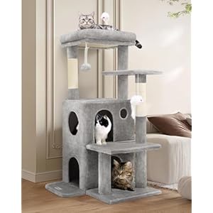 FC50 Cat Tree Tower for Indoor Cats, 50-inch Adult Cat Tree House for Large Adult Cats with Steps, Scratching Post, 2 Cat Caves, Dangling Toys, Light Grey