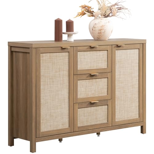 SICOTAS Rattan Sideboard Buffet Cabinet with Storage - 52' Larger Farmhouse Credenza Storage Coffee Bar Cabinet with 3 Drawers & 2 Doors, Boho Console Table for Living Room, Kitchen, Caramel Oak
