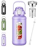 Nefeeko 50 oz Glass Water Bottles, Large Motivational Glass Water Bottle with Time Marker Straw, Wide Mouth Water Bottle Jug with Spout Lid Protective Sleeve for Gym Sports Home(Purple)