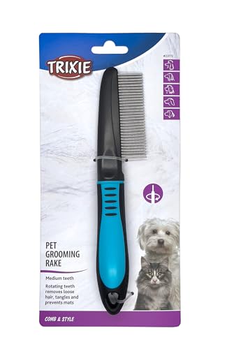 TRIXIE Fell-Entwirrer zum Entwirren und Glätten des Fells - für Deckhaar und Unterwolle - gummierter Kunststoffgriff - 22 cm - schwarz/blau - 23772