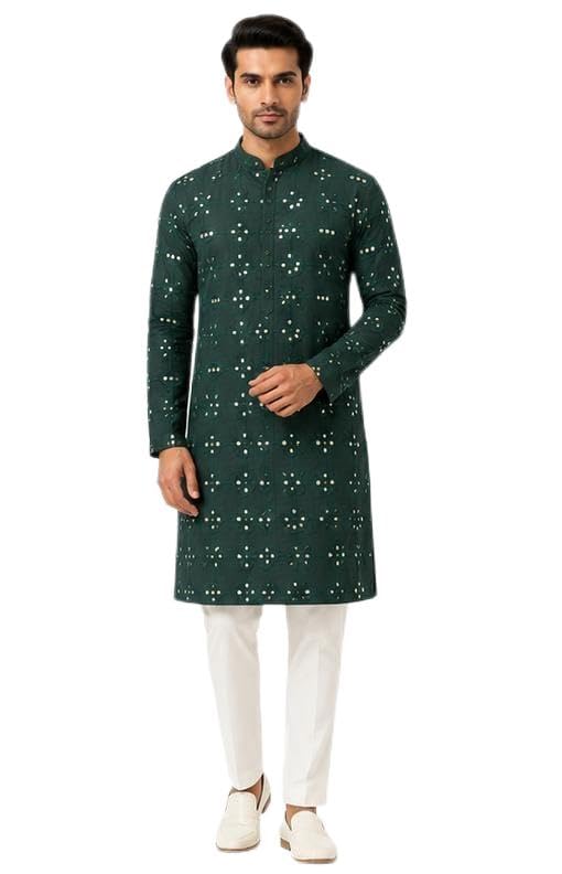 Men's bottel Green Mirror Work Kurta with White Pyjama Set-picture-22