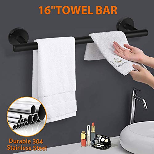 Bathroom Towel Rack Set 5-Pieces, 16\'\' Matte Black Bathroom Hardware Accessories Set SUS304 Stainless Steel Wall Mounted, Includes 16 Inch Bath Towel Holder, Toilet Paper Holder, 3 Robe Towel Hooks