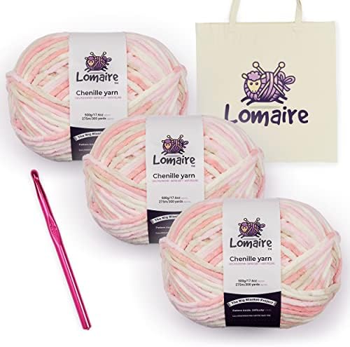 Lomaire Chunky Yarn Blanket Crochet Kit – 3.3LB/900 Yards Chenille Yarn for Crocheting & Knitting, 8mm Crochet Hook, & Cotton Tote Bag – Knitting & Crochet Supplies