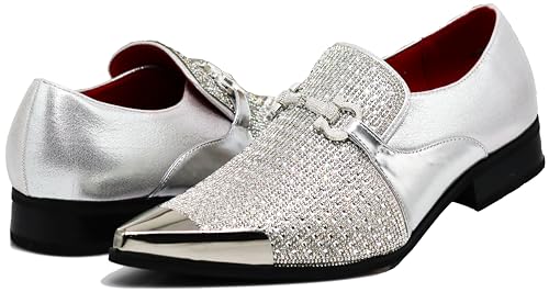 Image of Enzo Romeo Crisino Men Rhinestone Chrome Toe Suede Pointy Buckle Dress Loafer Slip On Shoes (Silver 03, US Footwear Size System, Adult, Men, Numeric, Medium, 11)