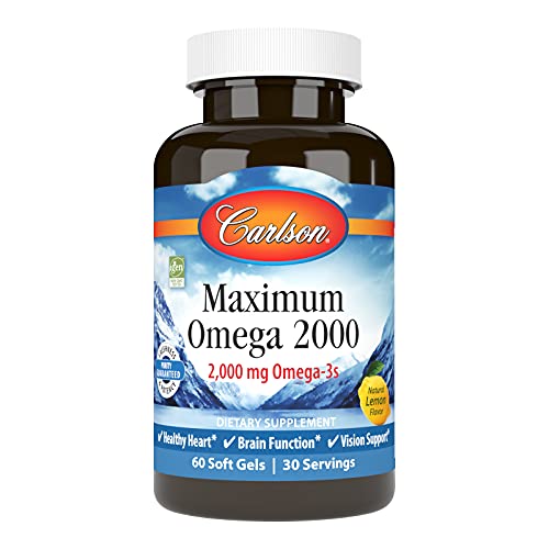 Carlson - Maximum Omega 2000 2000 mg Omega-3 Fatty Acids Including EPA and DHA Wild-Caught Norwegian Fish Oil Supplement Sustainably Sourced Fish Oil Capsules Lemon 60 Softgels