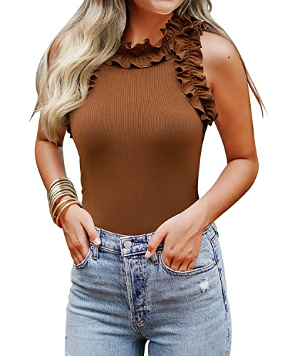 Image of WAYMAKER Women's Sleeveless Racer Back Ruffle Mock Turtle Neck Ribbed Bodysuit Tank Tops