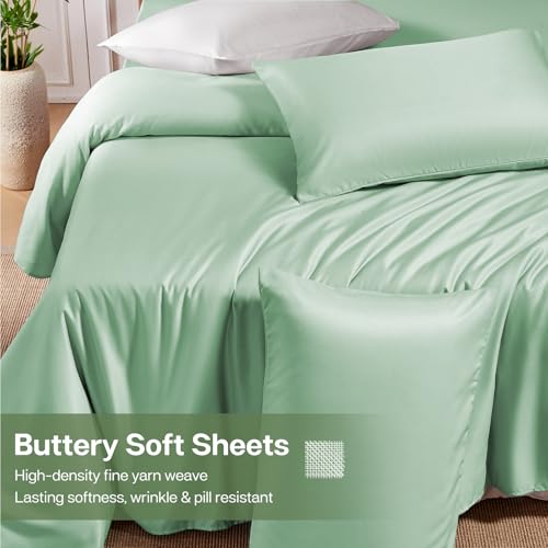 MR&HM Full Size Bed Sheets, 4-Piece Cooling Sheets, Rayon Derived from Bamboo & Polyester Blend, Soft & Silky, 15" Deep Pockets with Elastic Straps, Hotel Luxury for Hot Sleepers, Sage Green