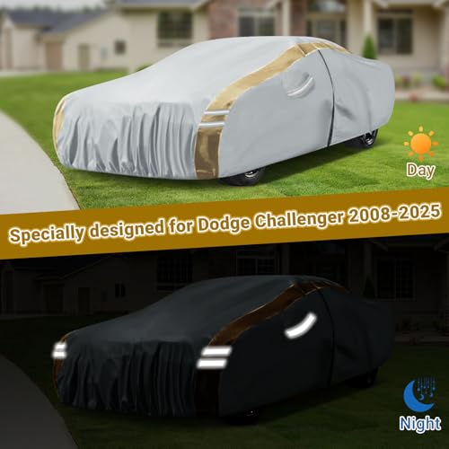 Image of Car Cover Custom Fit for Dodge Challenger 2008-2025 | Heavy Duty Waterproof Full Car Protection Cover with Zipper Door, Reflective Strips, All Weather Sun Rain Snow UV Protection