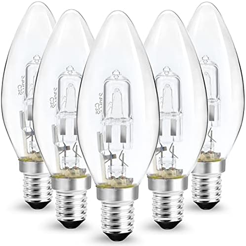 KAKALUOTE 28W E14 Eco Halogen Candle Bulbs, Small Edison Screw (SES) Dimmable Warm White 3000K Halogen Bulbs C35 Shape Glass Vintage Halogen Light Bulbs, 400 Lumens Pack of 5