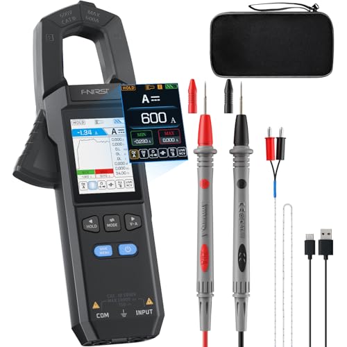 FNIRSI DMC-100 Pinza Amperimétrica Digital, Multímetro TRMS de 9999 Cuentas, Amperímetro Recargable con Registro de Curvas de 600A y Bolsa de aAlmacenamiento, NCV, Voltaje CA/CC, Corriente