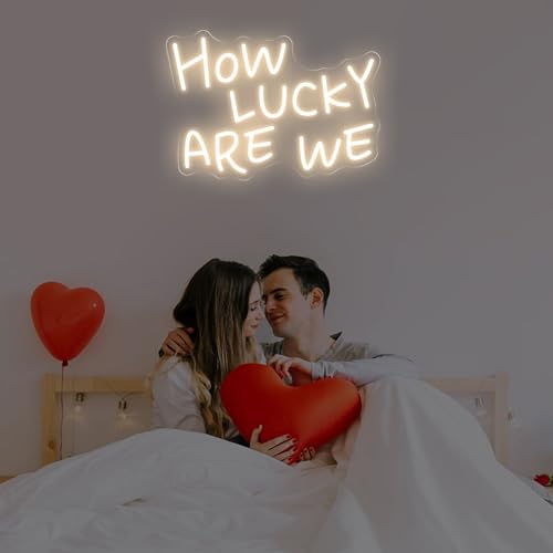 Image of How Lucky Are We Neon Sign, Romantic Anniversary LED Light, Home Bedroom Wall Decor,Valentine's Day Decor, Wedding Neon Wall Art, 15.7 inchx11 inch, Warrm White