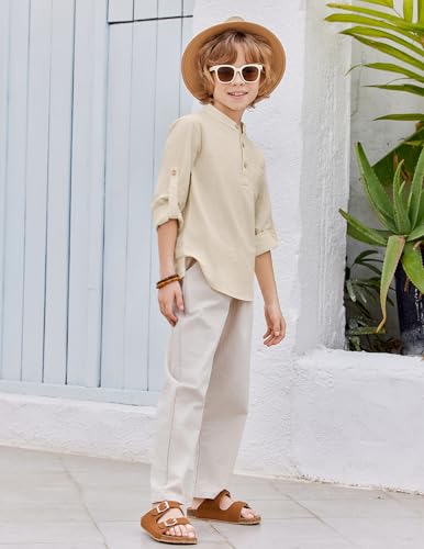 Image of Arshiner Boys Cotton Linen Henley Shirt Button Down Shirt Long Sleeve T Shirt Beach Shirt Tee Casual Solid Tops