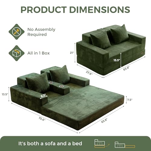 MAXYOYO Loveseat Sofa Bed, 4 in 1 Foldable Floor Sofa Couch in A Box with 2 Cup Holders, Convertible Boneless Couch Folding Recliner Sleeper Chair for Living Room, No Assembly Required, Green - Image 3
