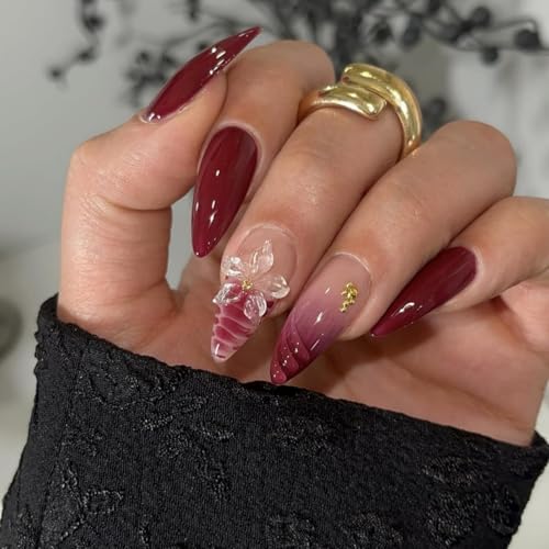 Almond Press on Nails Medium Glue on Nail with 5D Rhinestones Flower Charm Design Glossy Ombre Red Acrylic Nails Full Cover Dark Red Fake Nails Fall Winter Burgundy Nail for Women Manicure 24Pcs