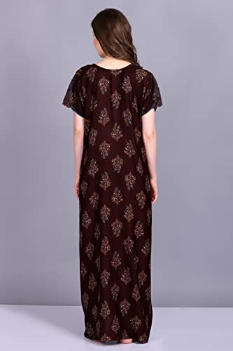 Image of Women's Alpine Botanical Leaves Print Maxi Nightgown with Pocket
