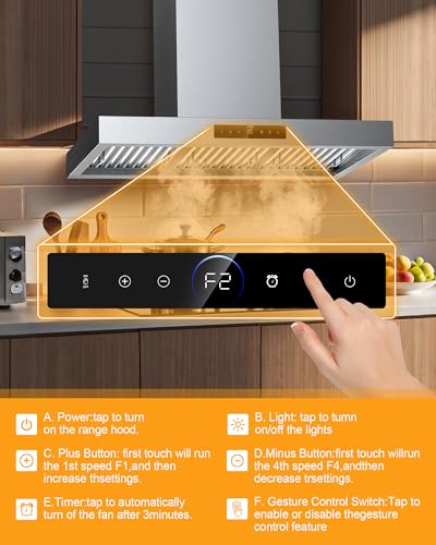 36 Inch Wall Mount Range Hood 1200CFM, 4-Speed Wall Mount Range Hood with Touch Control & Gesture Sensing Stainless Steel Kitchen Stove Vent Hoods with 2 LED Lights Luxury Series