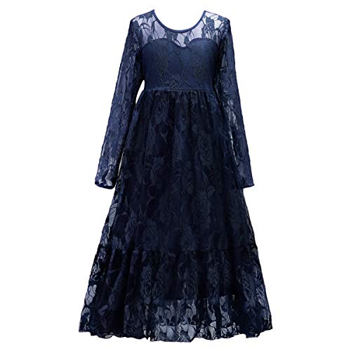 Girls Pageant Party Gowns 7-16 Princess Wedding Flower Long Formal Fall Ball Dance Evening Dress Long Sleeve Lace Costume Navy Blue 4 Years