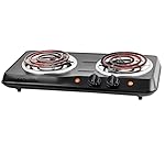OVENTE Electric Countertop Double Burner, 1700W Cooktop with 6" and 5.75" Stainless Steel Coil Hot Plates, 5 Level Temperature Control, Indicator Lights and Easy to Clean Cooking Stove, Black BGC102B