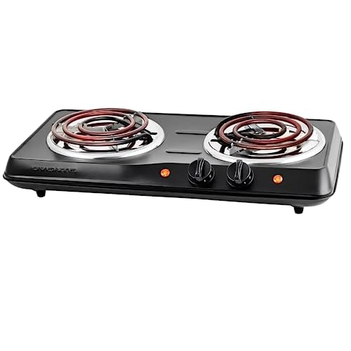 OVENTE Electric Countertop Double Burner, 1700W Cooktop with 6″ and 5.75″ Stainless Steel Coil Hot Plates, 5 Level Temperature Control, Indicator Lights and Easy to Clean Cooking Stove, Black BGC102B