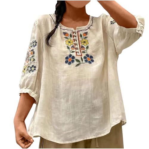 Fashion Mexican Blouse for Women, Vintage Embroidered Cotton Linen Tops