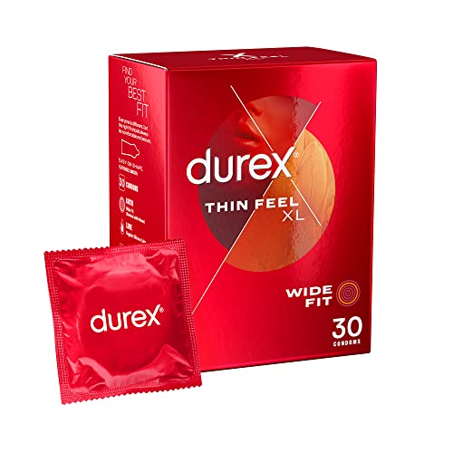 Durex Thin Feel XL Condoms Wide Fit 30s Secure Tighter Natural Latex with Silicone Lube Easy On Shape