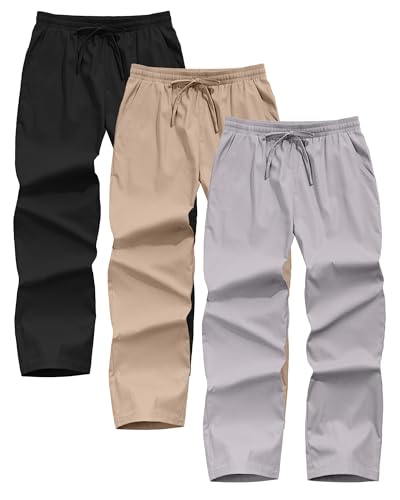 Neer 3 Pack Men's Casual Chino Pants, Summer Lounge Elastic Waist Drawstring Straight Leg Outdoor Pants Trousers with Pockets2