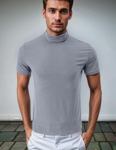 Men's T-Shirt Mock Turtleneck Short Sleeve Pullover Sweater Ribbed High Neck Thermal Undershirt Basic Solid Top for Men4