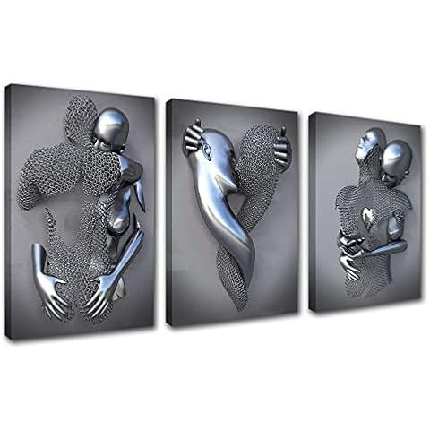 Metal Figure Statue Canvas Wall Art Couple Kiss Hug Painting 3 Pieces Modern Abstract Romance Artwork for Couple's Bedroom Decor with Framed Ready to Hang Posters and Prints 42''Wx20''H Cover