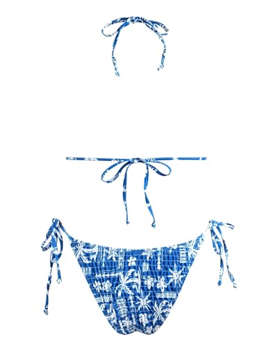Image of Women's Triangle Bikini Set String Swimsuit Print Tie Smocked Ruched Two Piece Bathing Suit